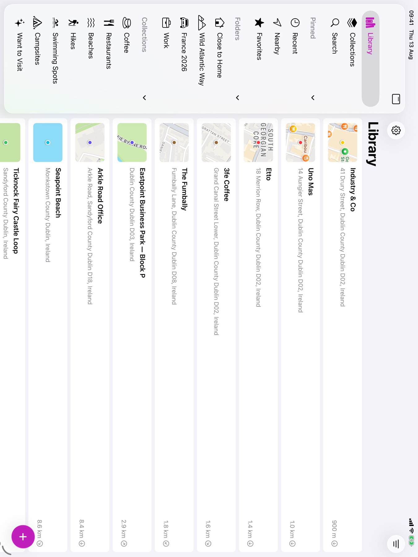Rego on iPad in landscape, with a sidebar of folders, collections and pin colors next to the place list