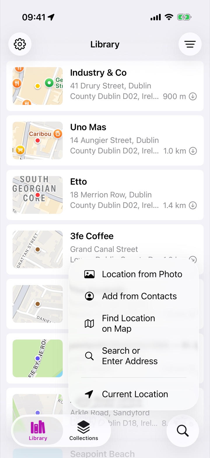 Adding a place in Rego: choosing a capture source such as current location, search, map position, contact or photo