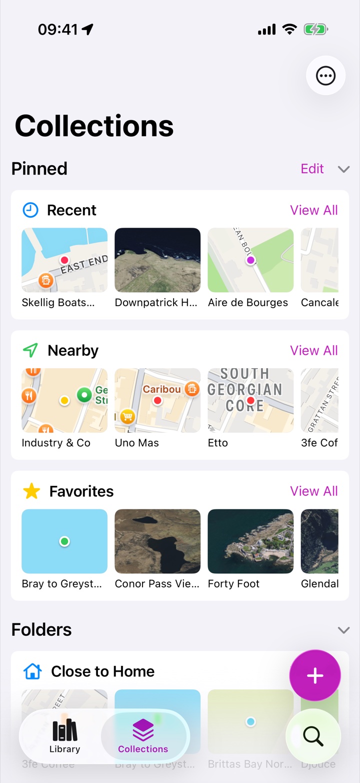 The Collections tab in Rego, a Photos-style browser with pinned shortcuts, folders, collections and pin-color views