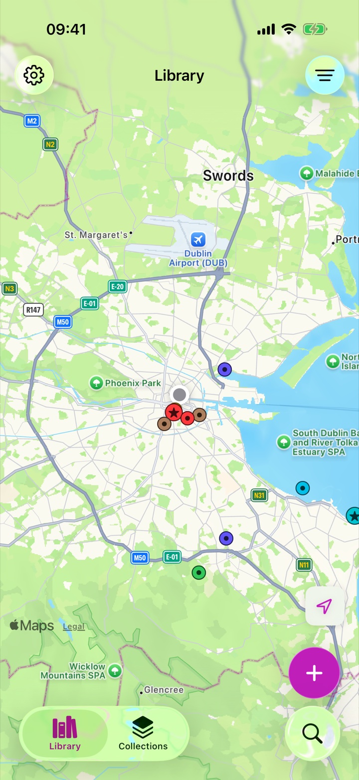 Rego's full-screen map with colored pins for saved places around Dublin and Wicklow