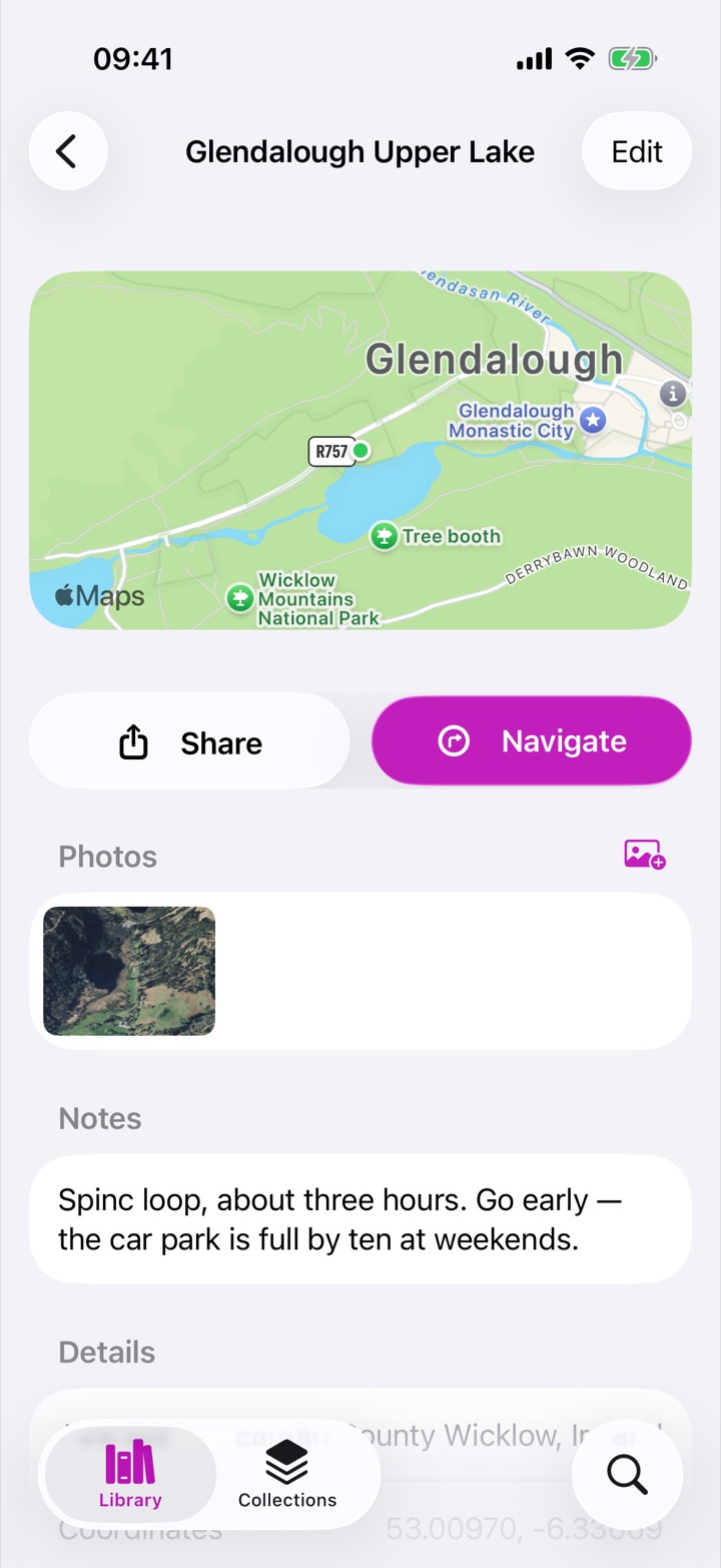 A place detail screen in Rego showing a photo, personal notes, collections, address and a map